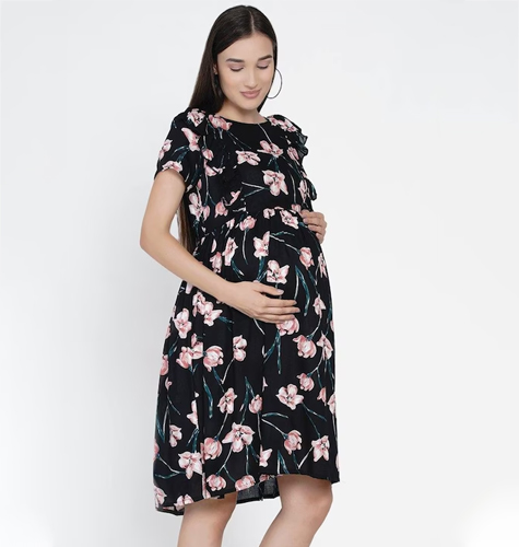 Women Black & Pink Floral Printed Viscose Rayon Maternity A-Line Dress